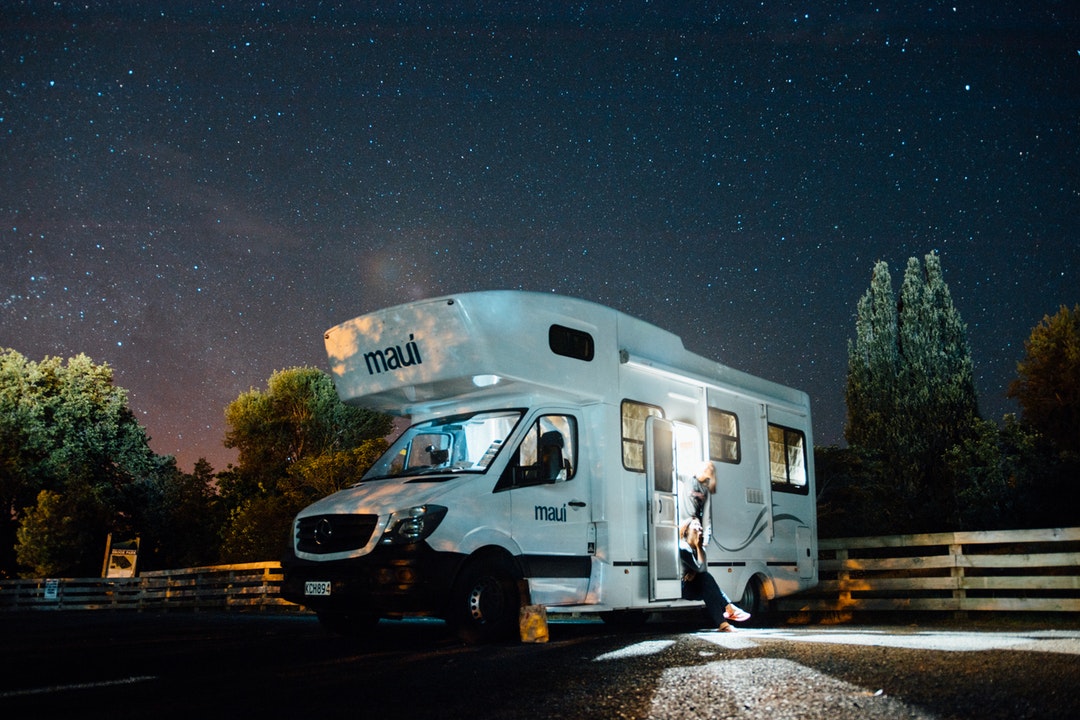 motorhome in campground at night